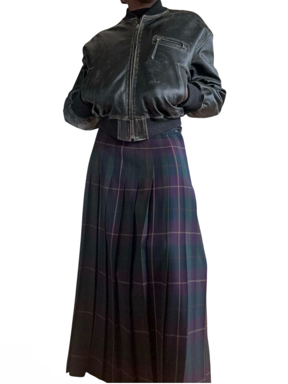 Pleated Wool Plaid Maxi Skirt